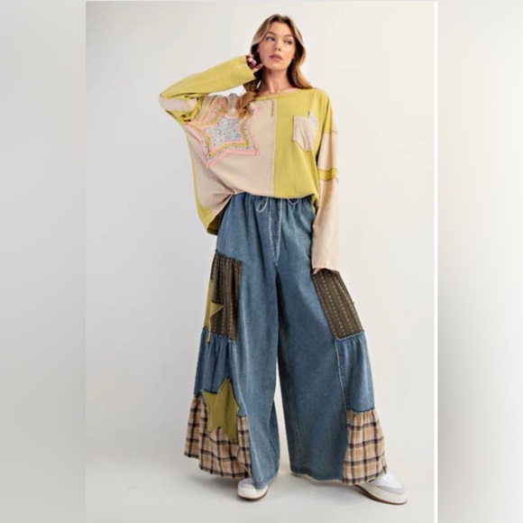 EASEL Pants - EASEL CHAMBRAY PATCHED WIDE LEG PANT NWT